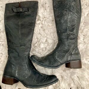 Genuine Distressed Leather 17” Low Heel Boots in Slate Black.